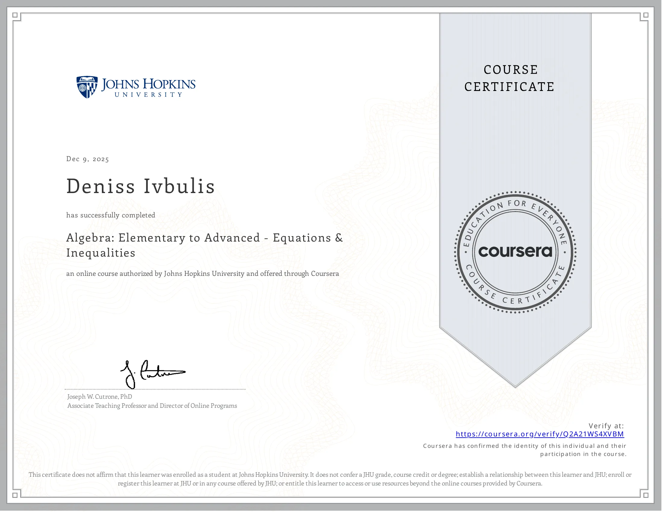 Algebra: Elementary to Advanced - Equations & Inequalities certificate issued by Johns Hopkins University