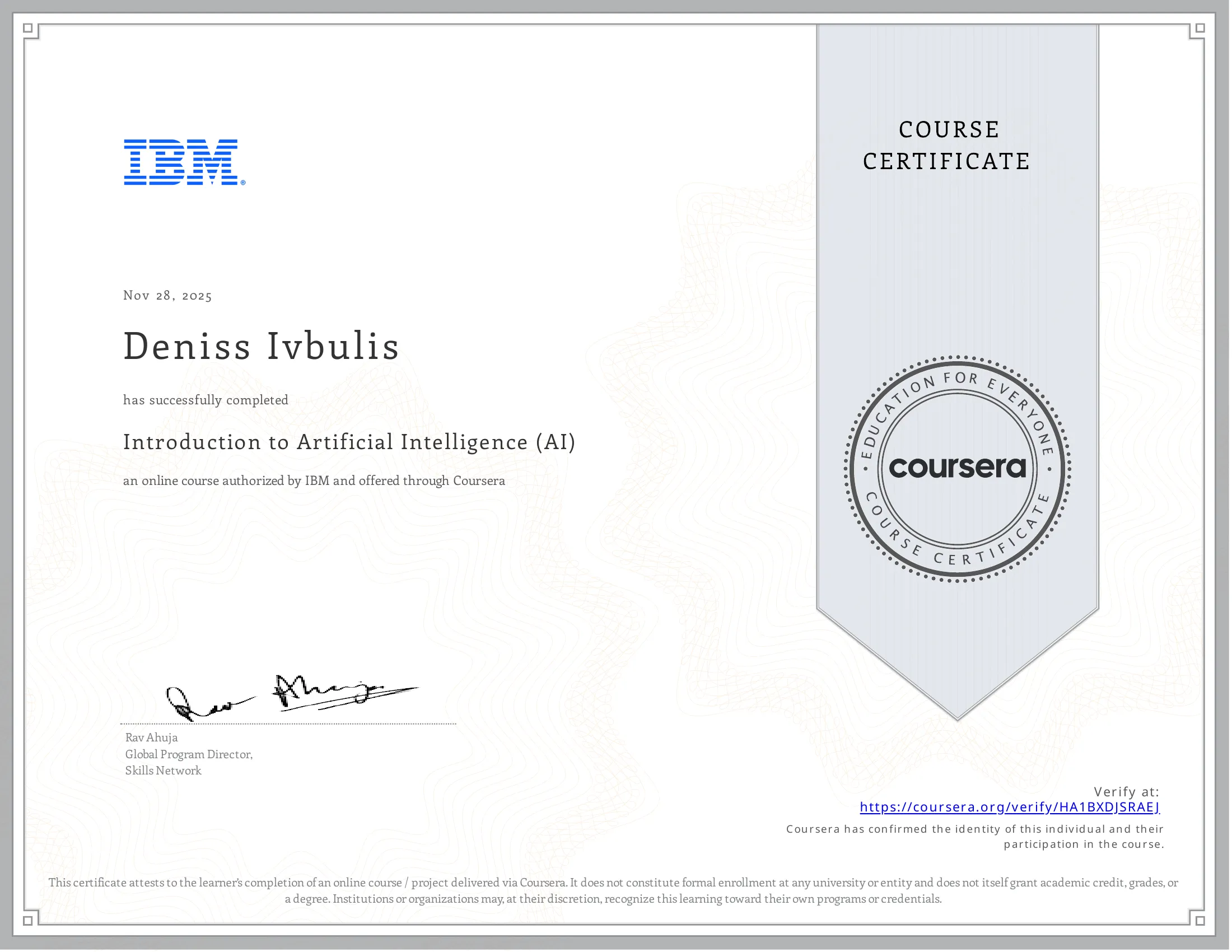 Introduction to Artificial Intelligence (AI) certificate issued by IBM