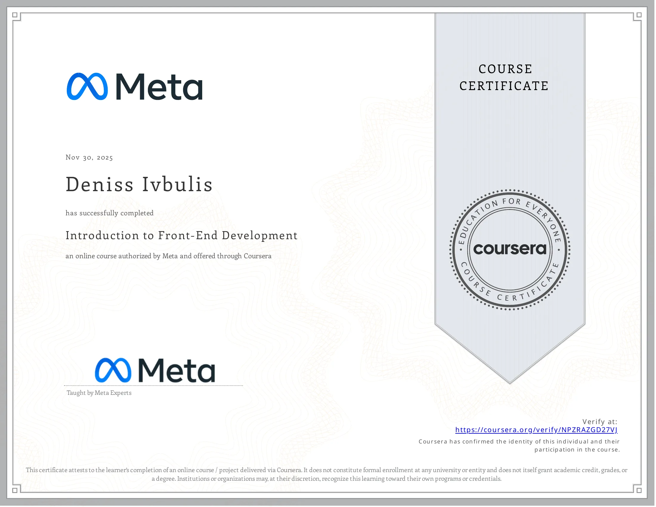 Introduction to Front-End Development certificate issued by Meta