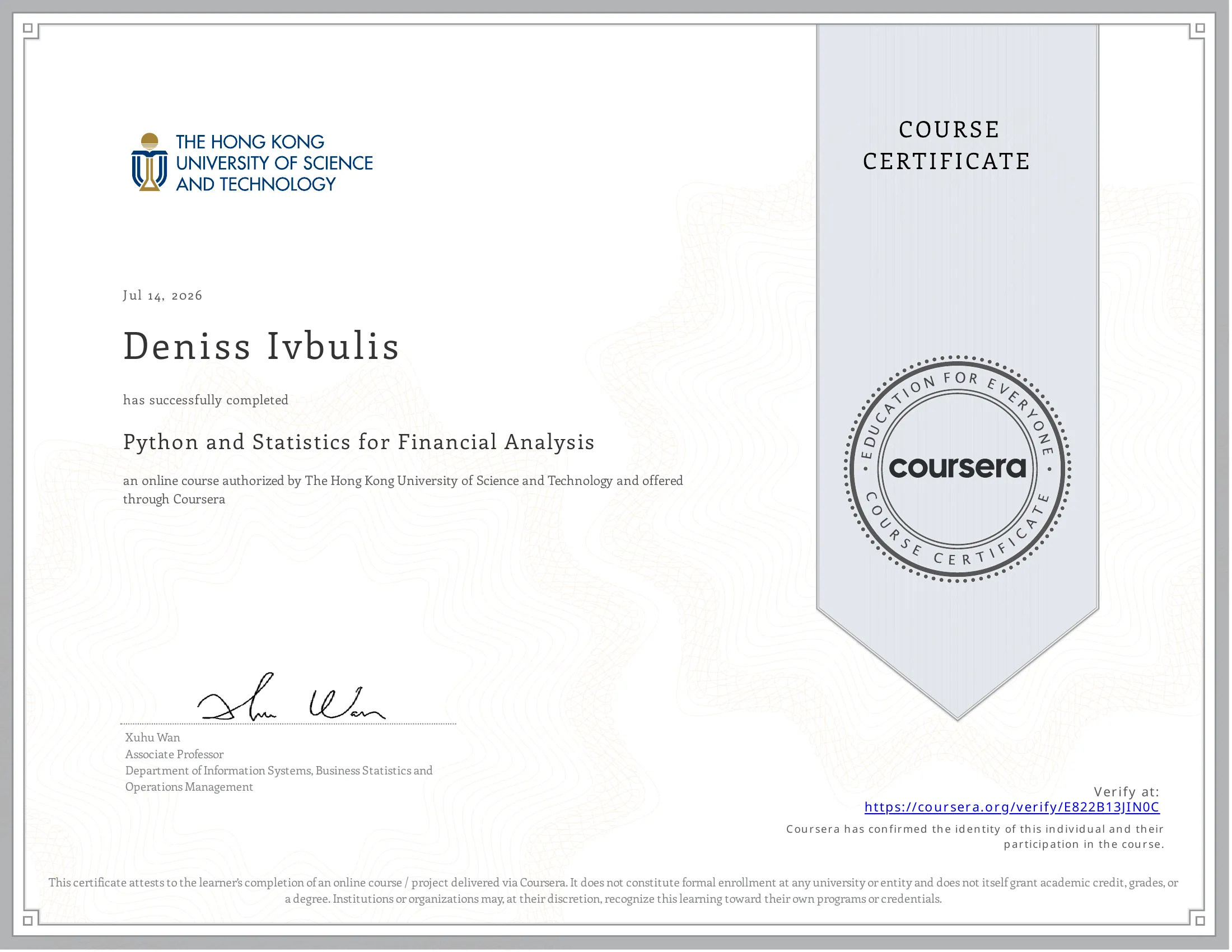 Python and Statistics for Financial Analysis certificate issued by The Hong Kong University of Science and Technology