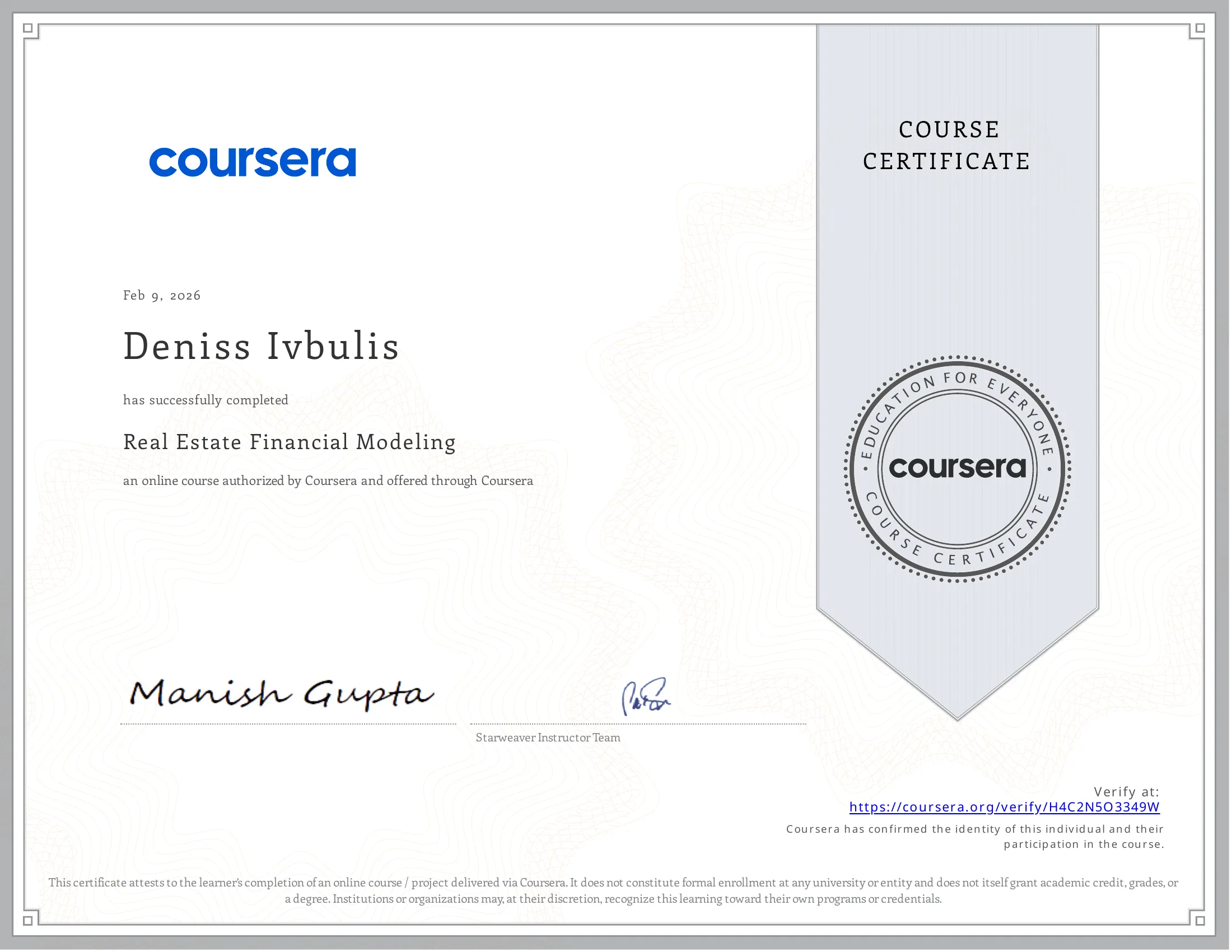 Real Estate Financial Modeling certificate issued by Coursera