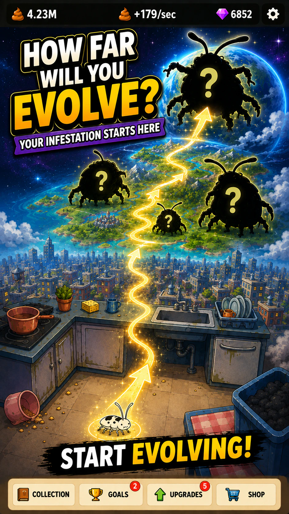 Cockroach Evolution artwork showing evolution from a kitchen infestation toward larger worlds.