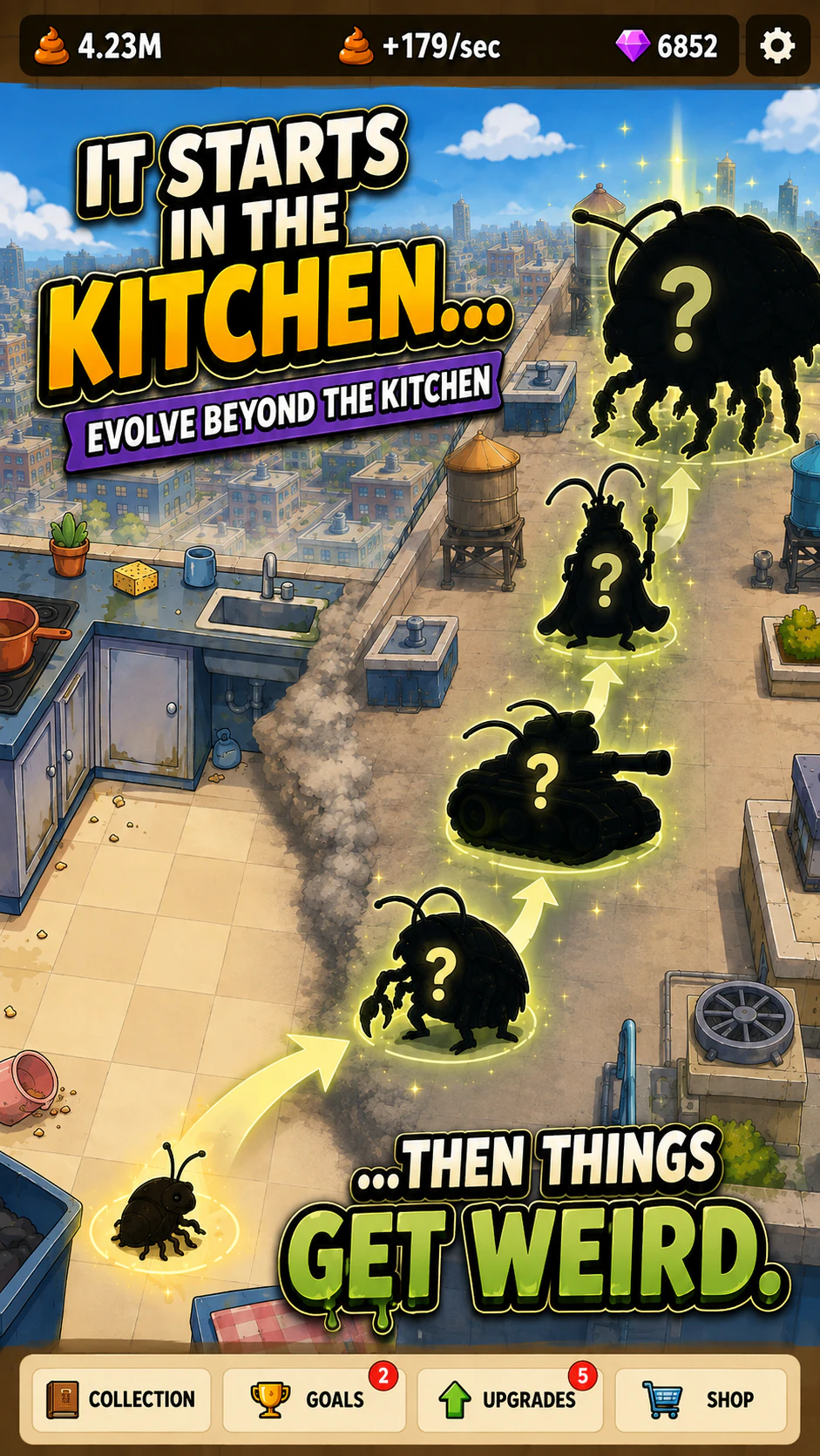 A kitchen infestation evolving toward increasingly strange forms.