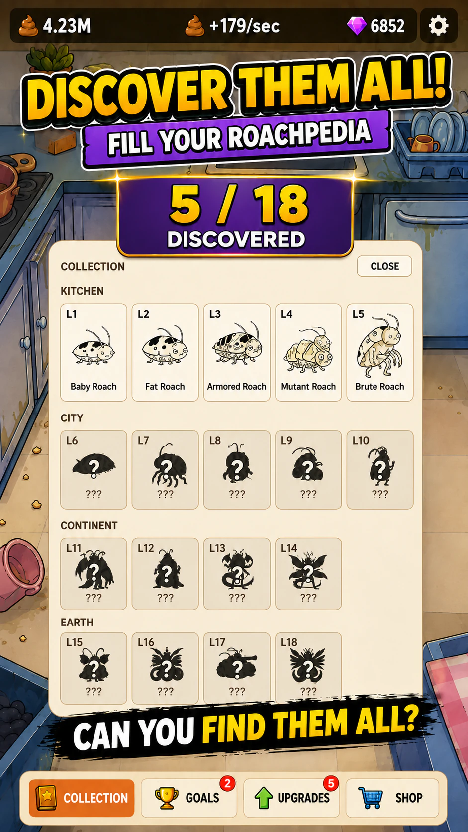 Roachpedia collection showing discovered species and mysterious silhouettes.