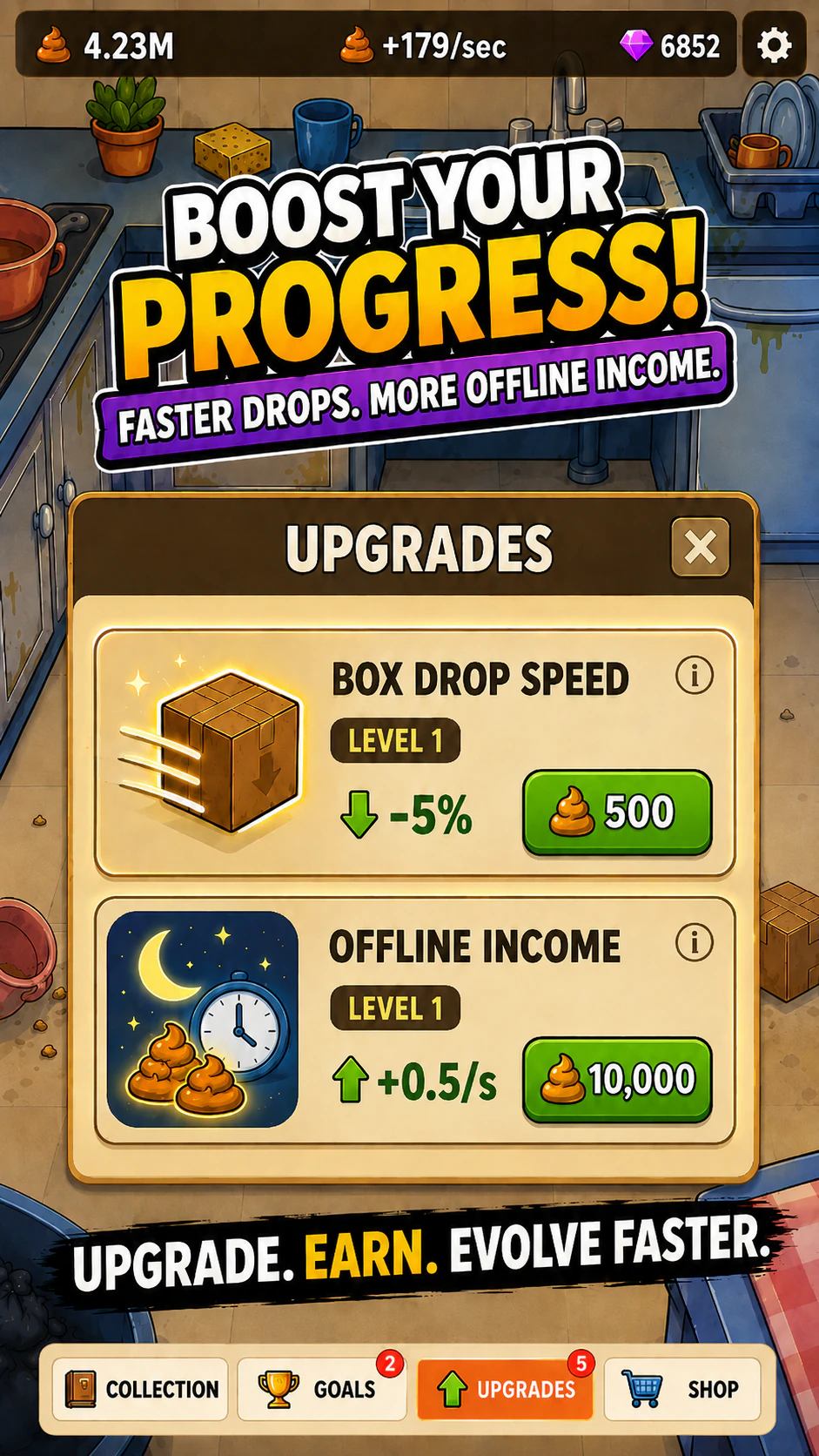 Cockroach Evolution upgrades for faster drops and offline income.